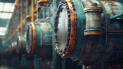 The coking unit at a refinery features large, rusted drums and noticeable heaters, illustrating the complex industrial processes involved in crude oil refinement