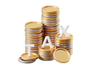 3D Tax Gold Coins Finance Investment Money Wealth Profit Isolated on Transparent Png Background.