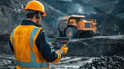 Mining Operations Manager. A mining engineer in safety gear uses a tablet to manage coal loading operations at an open-pit mine with a large dump truck in the background.