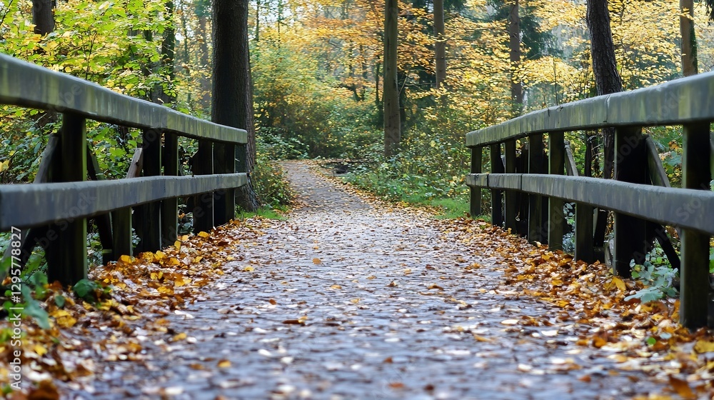 Poster serene autumn trail with colorful leaves and a wooden bridge in a nature forest : generative ai