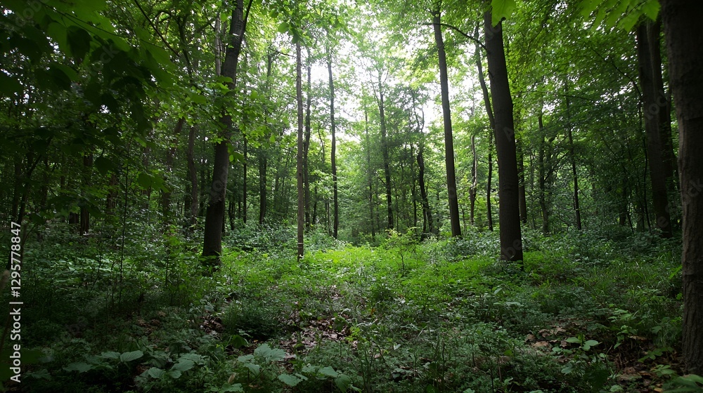 Poster lush green forest surrounded by dense trees and vibrant foliage : generative ai