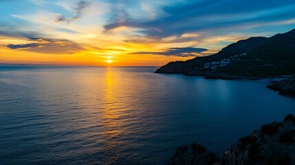 Fototapeta premium Breathtaking sunset over calm sea with colorful sky and cliffs in the background : Generative AI