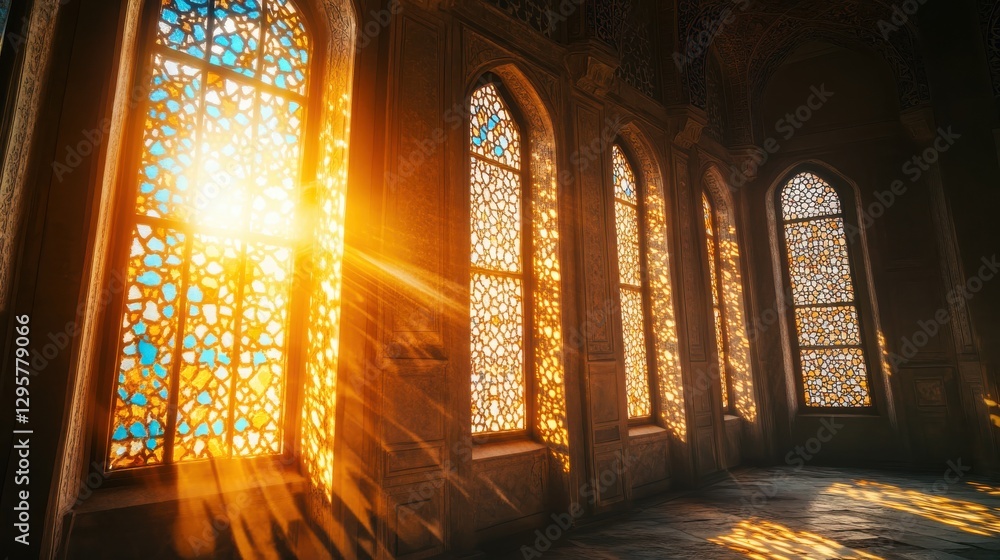 Poster Beautiful sunlight streaming through ornate windows creating intricate patterns on the wall in a historic architectural space