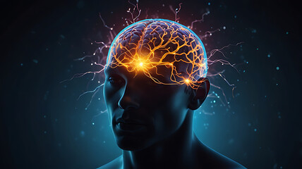 An abstract depiction of a head with a glowing brain