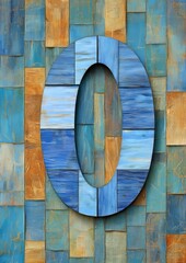 Fototapeta premium Number zero, blue, wooden mosaic, wall, background
