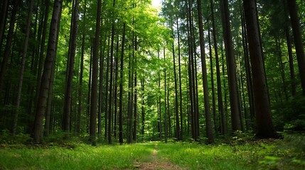 Obraz premium Lush Green Forest Pathway Surrounded by Tall Trees Under Bright Blue Sky : Generative AI
