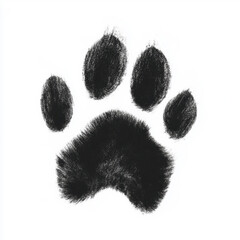 Black animal paw print on white background showcasing furry texture and shape
