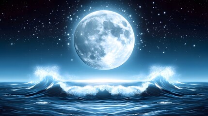Majestic full moon illuminating tranquil ocean waves under a starry night sky