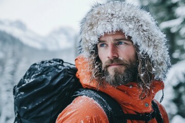 Young man in winter with fur and hood posing for the camera.