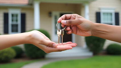 Handing over the keys of a house, only hands visible and a house in the background
