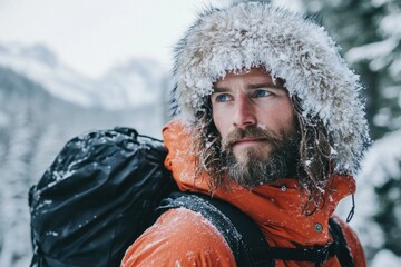 Young man in winter with fur and hood posing for the camera.