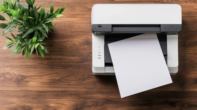 Elegant top view of a printer with a blank sheet of paper on a wooden table for stock photography
