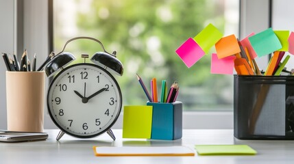 Professional office setup highlighting time management with clock and colorful sticky notes on desk