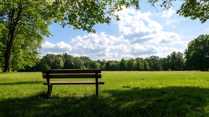 Fototapeta premium Inviting wooden park bench in a spacious green field under a beautiful blue sky with fluffy white clouds : Generative AI