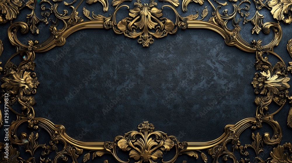 Poster ornate baroque style frame with intricate floral patterns and textured dark background for elegant d