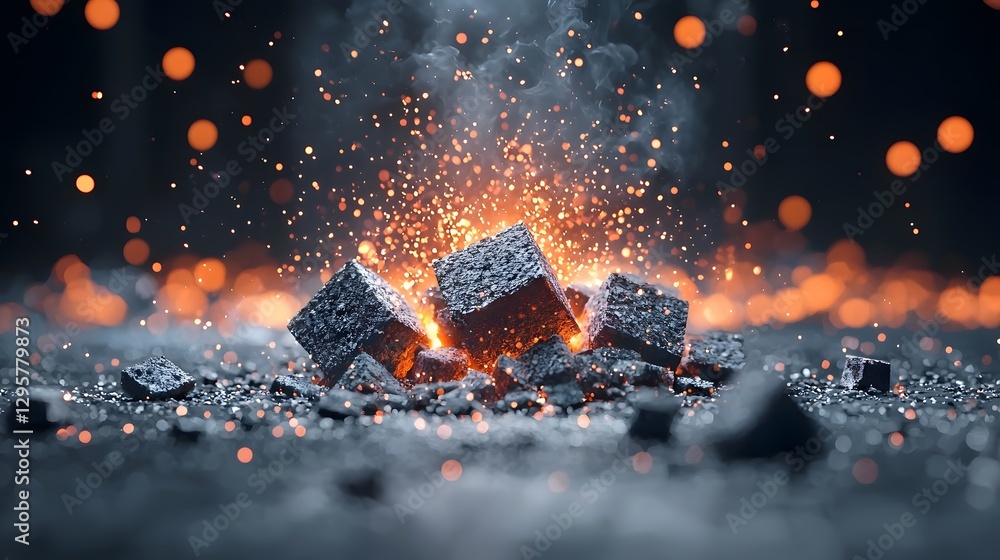 Aufkleber Close up view of glowing charcoal embers arranged in a striking geometric pattern emitting a warm orange red glow against a dark background