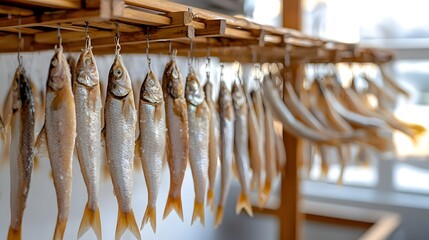 Close up view of salted fish fillets or pieces hanging on a wooden rack air drying under the natural sunlight in an outdoor traditional food preservation process  Rustic