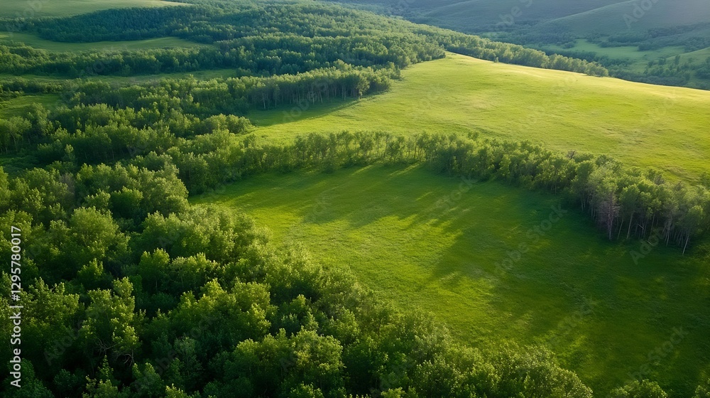 Poster Aerial View of Lush Green Forest with Shadow Patterns on Rolling Hills : Generative AI