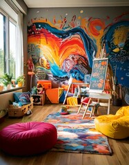 A colorful artistic playroom with an interactive chalkboard wall, mini easels