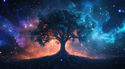 Obraz premium Cosmic Tree of Life Surrounded by Colorful Galaxy Stars
