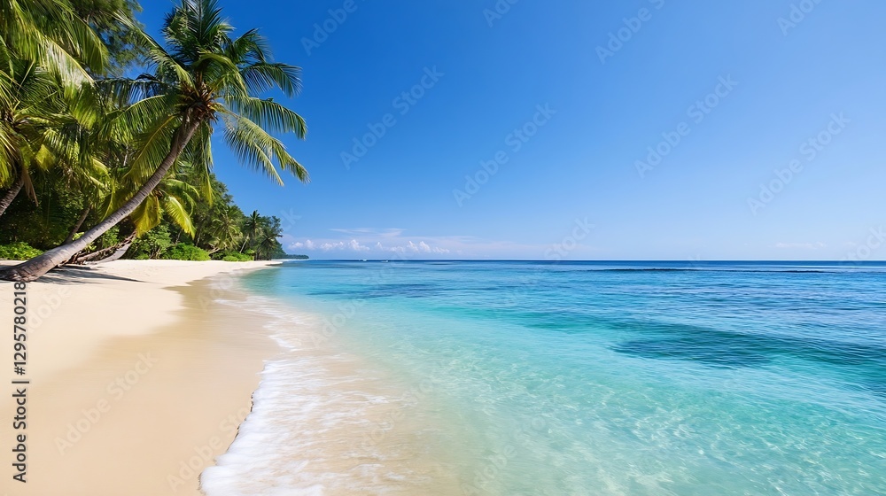 Poster idyllic tropical beach scene with palm trees and clear water on sunny day : generative ai