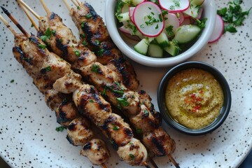 A top-down view of grilled chicken skewers neatly arranged on a white speckled plate