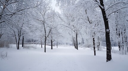 Obraz premium Serene winter landscape covered in fresh snow with bare trees : Generative AI