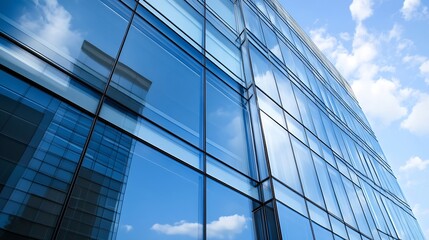 Fototapeta premium Modern Glass Office Building Reflecting Blue Sky and Clouds : Generative AI