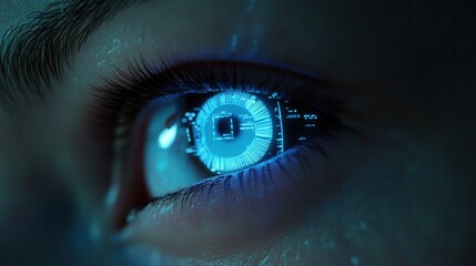 Futuristic Human Eye with Tech Elements Illuminated in Blue Night Vision, Reflecting Digital Data and High-Tech Concepts in a Modern Design