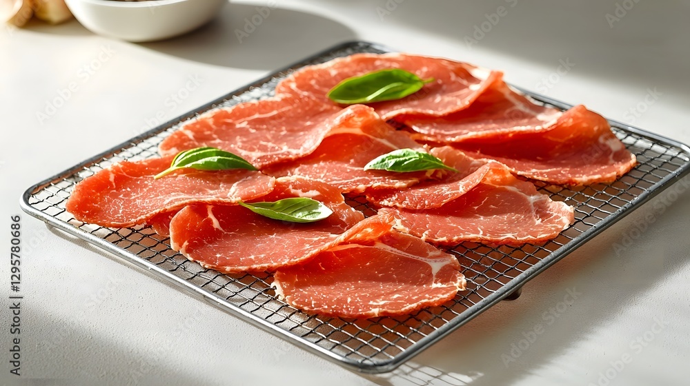 Poster closeup of slices of fresh raw meat laid out on a metal mesh rack drying in the warm sunlight with s