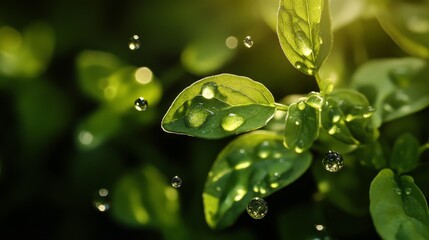 Droplet of Essential Oil on Fresh Oregano Leaves in Natural Setting
