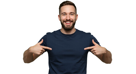 Mockup navy blue shirt on a transparent PNG. The man is pointing to the middle of the shirt to reinforce the message