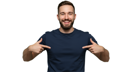 Mockup navy blue shirt on a transparent PNG. The man is pointing to the middle of the shirt to reinforce the message