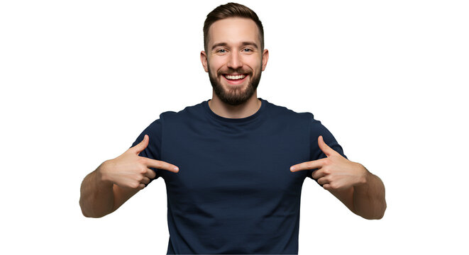 Mockup navy blue shirt on a transparent PNG. The man is pointing to the middle of the shirt to reinforce the message