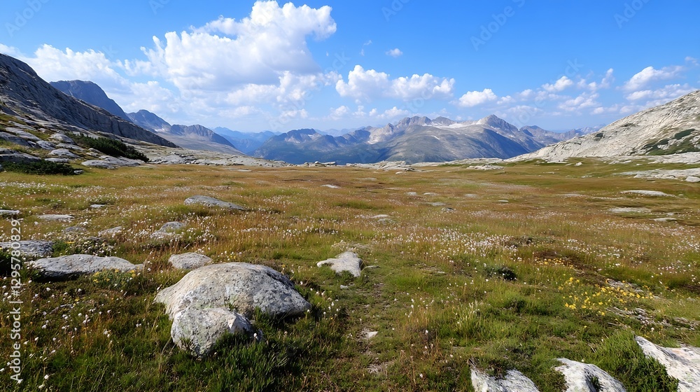 Poster breathtaking wide open meadow landscape with mountains and blue sky in background : generative ai
