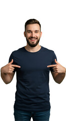 Mockup navy blue shirt on a transparent PNG. The man is pointing to the middle of the shirt to reinforce the message