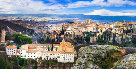 Spain travel and landmarks. Cuenca town on the rocks panoramic view of old town Castiglia-La Mancia.