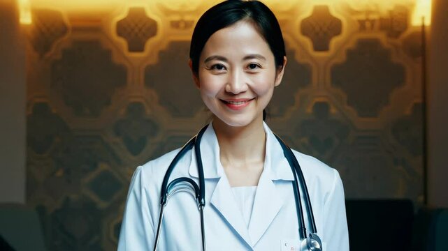 Portrait of mature family doctor female asian warming up on surface with statoscope standing in hospital corridor. Medical technology and healthcare business concept