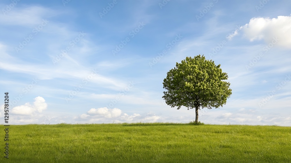 Poster single lush green tree standing in a grassy field under a bright blue sky with fluffy clouds evokes 