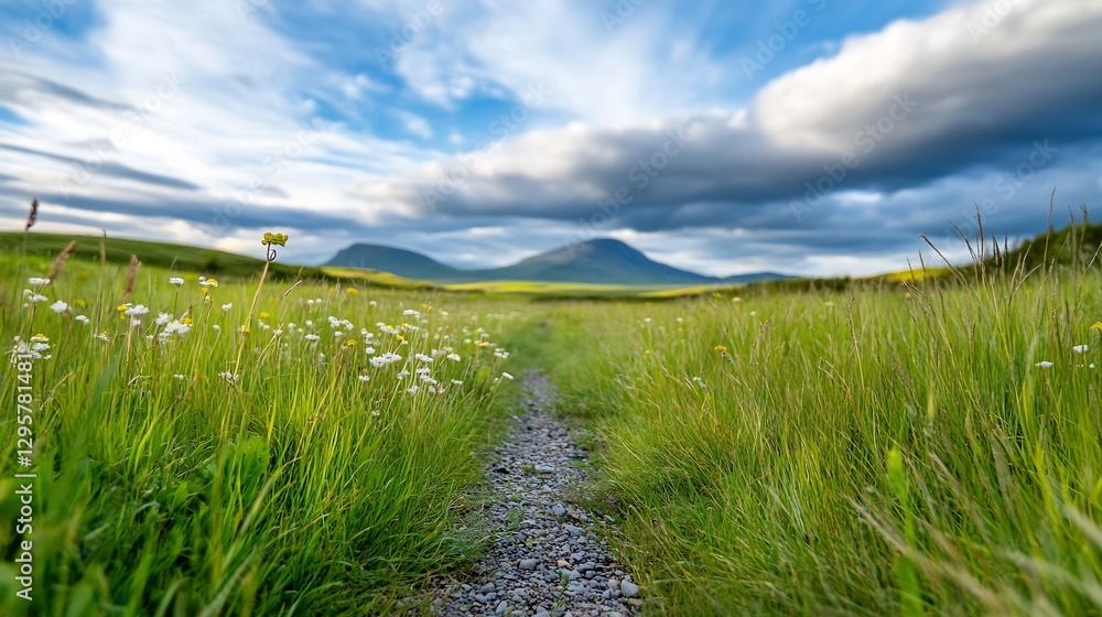 Poster scenic pathway through lush green fields with majestic mountains in background : generative ai