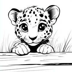 A black and white drawing of a baby jaguar peeking over a fence