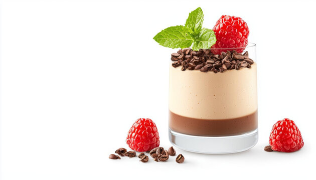 Creamy mocha mousse dessert topped with raspberries and mint leaves