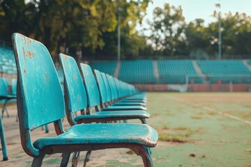 Abandoned stadium with worn blue chairs showcasing decay and neglect in a local sports venue