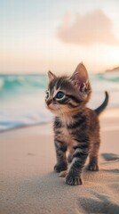 Seaside Kitty: A charming kitten explores the sandy beach, its gaze fixed on the distant ocean, as the sun casts a warm glow across the scene, evoking feelings of serenity and discovery.