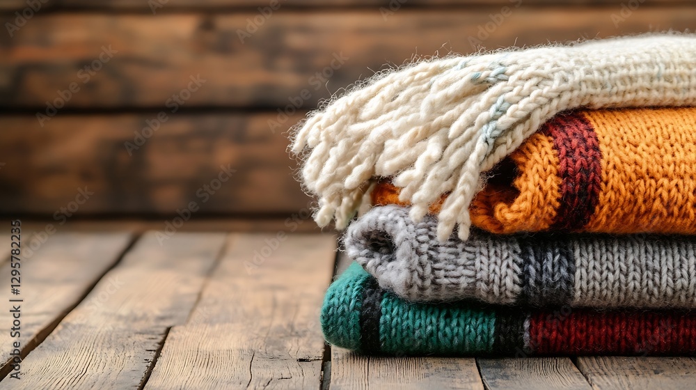 Poster cozy textured knitted wool blankets stacked on rustic wooden surface : generative ai