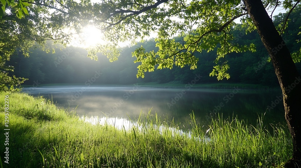 Poster Serene Lake Scene with Morning Mist and Sunlight Filtering Through Trees : Generative AI