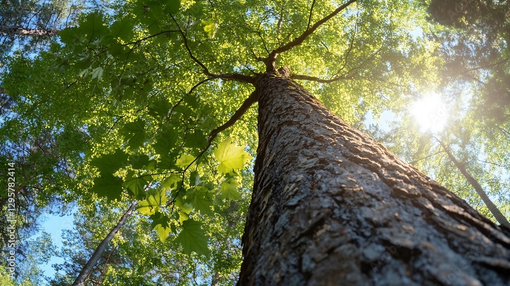 Poster Majestic view of a towering tree from the ground looking up with sunlight filtering through leaves : Generative AI