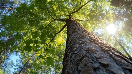 Fototapeta premium Majestic view of a towering tree from the ground looking up with sunlight filtering through leaves : Generative AI