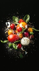 Fresh mix of colorful tomatoes basil with spices on black background