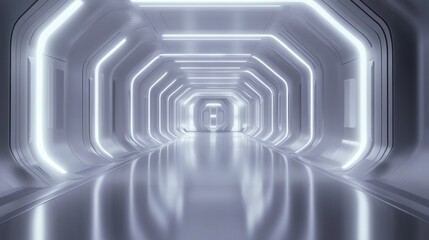 Obraz premium Futuristic corridor design with glowing lights and sleek surfaces, creating a modern and high-tech atmosphere in a spacious interior space
